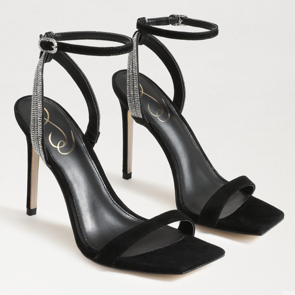 Sam Edelman Ophelia Crystal-Embellished Black Suede High-Heel Sandals Size 8